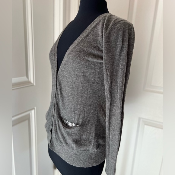 Smitten Gray Button Front Cardigan Sweater Wool Blend with Sequin Pockets - Picture 11 of 15